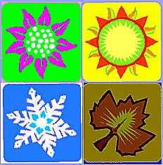 Схематические изображения четырех времен года в виде снежинки, цветка, солнца и опавшего листа, разделенные четкими границами.