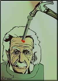 Рисунок: голова Эйнштейна, в которую вбит гвоздь. Сверху виден молоток. На свитере Эйнштейна формула Е=мс2