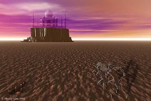 Рисунок: по пустыне бегут мужчина и женщина. Вдали на горе виден храм.
