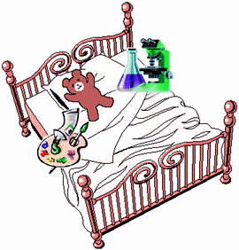 Рисунок: детская кроватка, на подушке лежит плюшевый мишка, справа от него - химическая колба и микроскоп, слева - палитра художника с тюбиком краски и кистью.