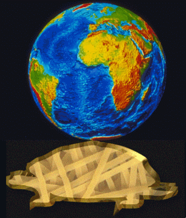 Рисунок: Земля, держащаяся на спине черепахи, сделанной из макаронов (лапши).