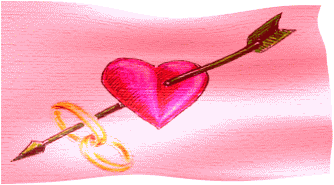 Рисунок: знамя, на котором изображена стрела, пронзившая сердце, с нанизанными на нее обручальными кольцами.